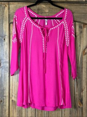 Monoreno Hot Pink Embroidered Tie-Front Tunic